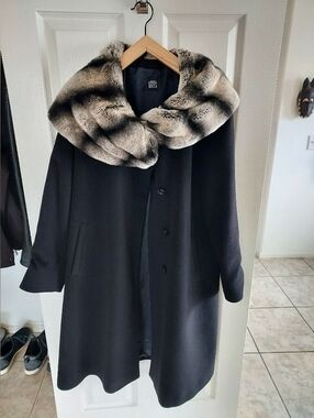 Cinzia Rocca Iconic Black Wool Coat with Rabbit Fur Collar